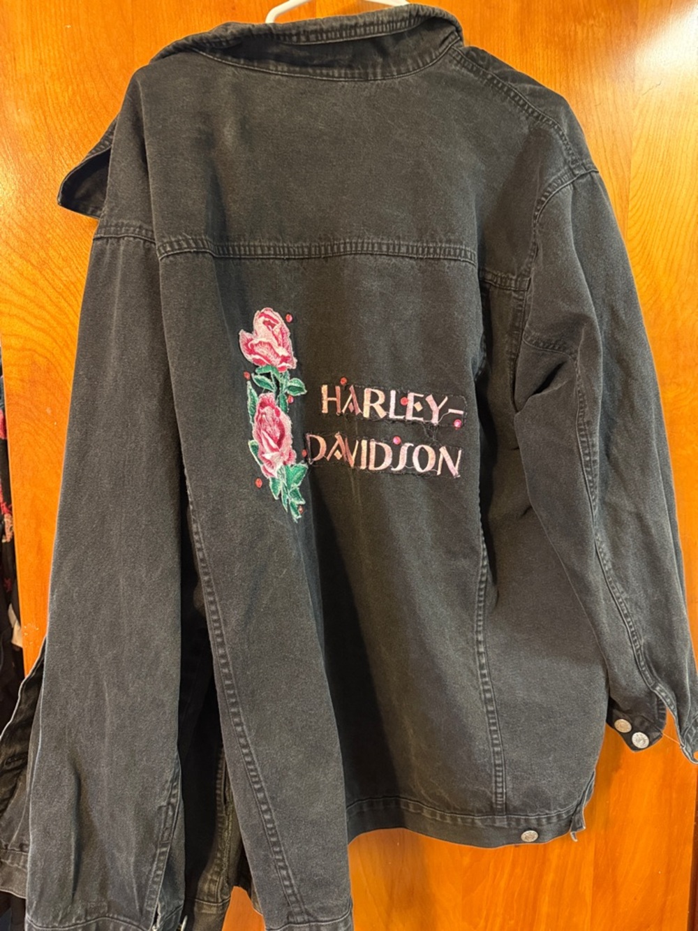 Black Denim Jacket with Pink Rose Embroidery - Picture 3 of 3